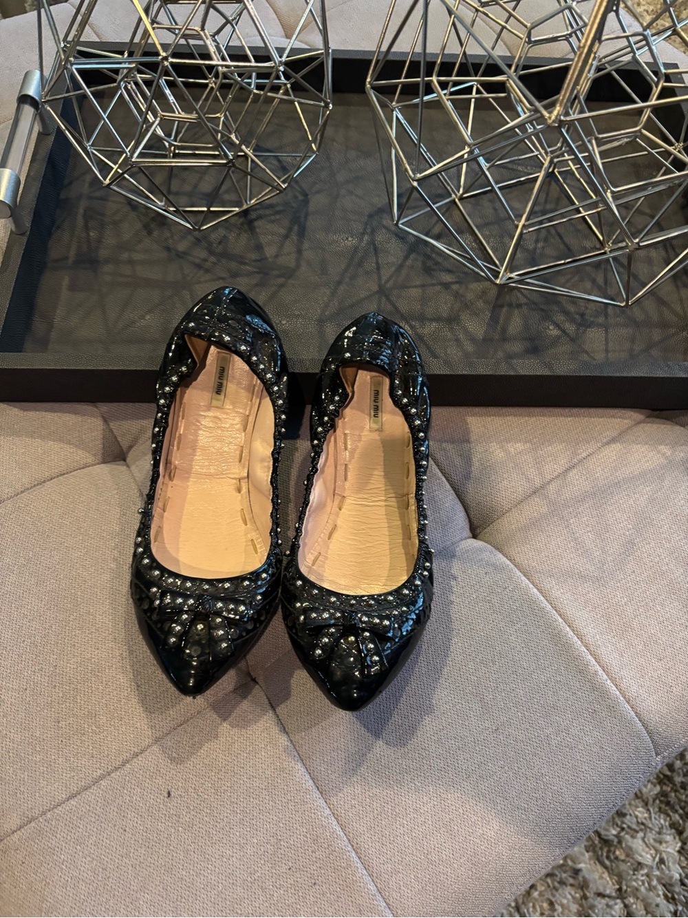 Miu Miu Black Sequin-Embellished Pointed-Toe Flats